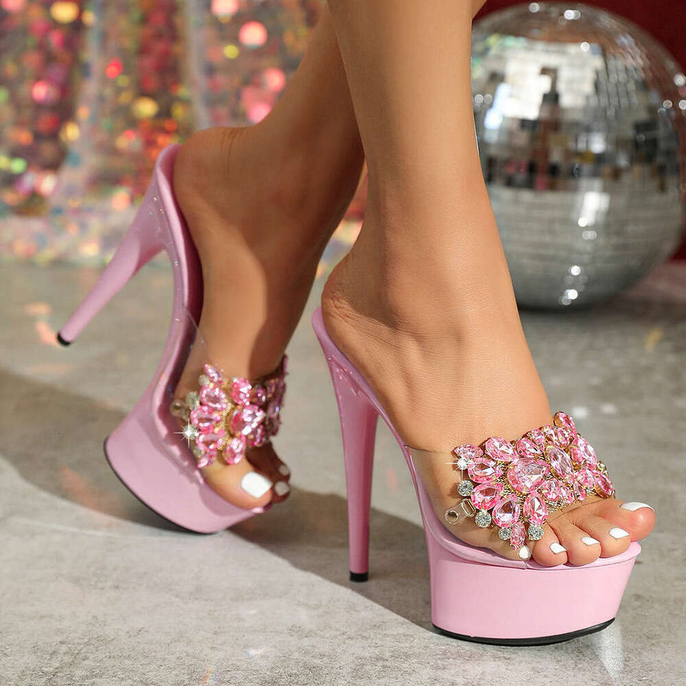Super High Heels 190-74A Sexy Fashion Rhinestone Super Heels 15Cm Stiletto Waterproof Platform Extreme High Slippers Party Wedding Shoes Platform High