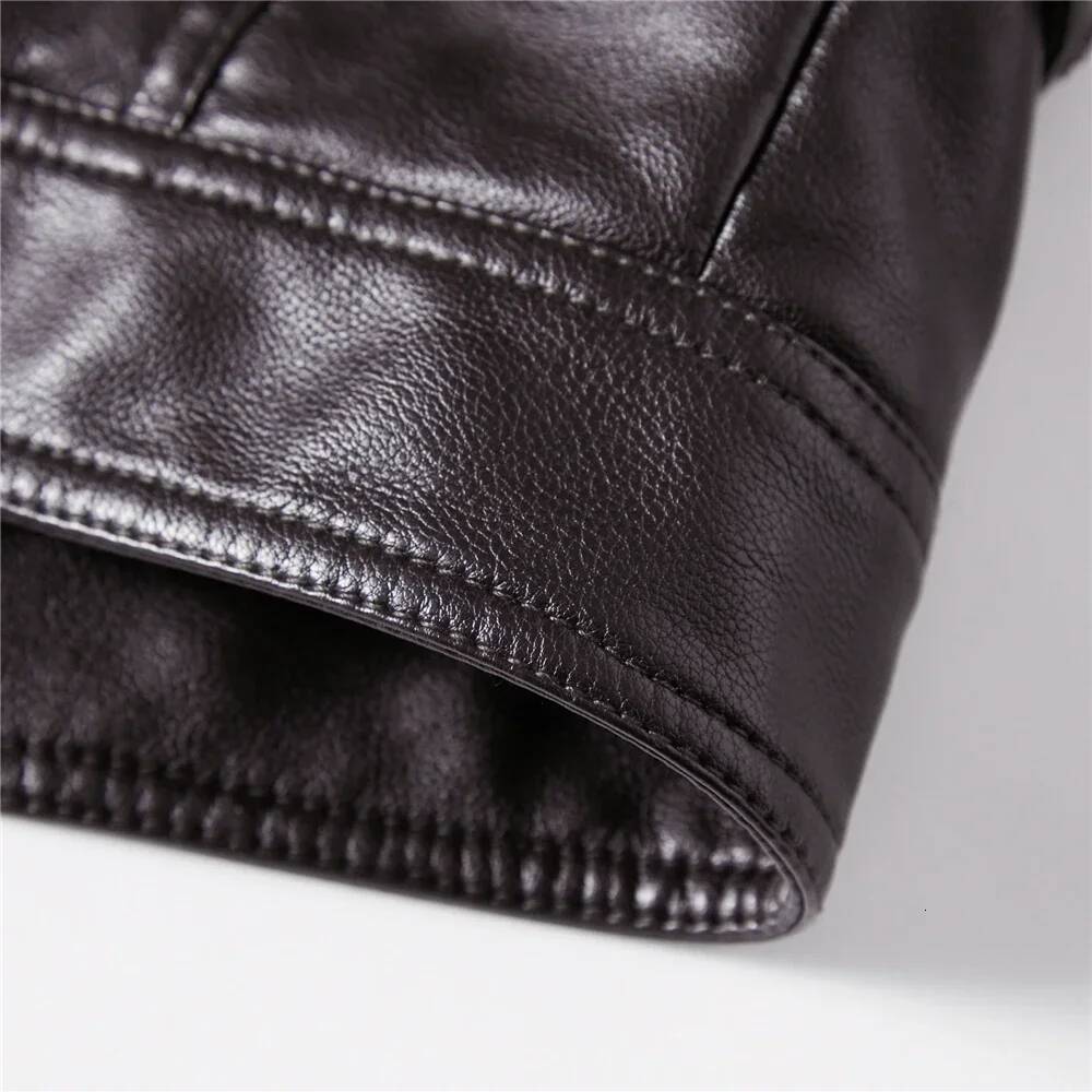 Streetwear Biker Slim Fit Autumn Winter Coat Fur Lined Motorcycle Fashion Men Coffee Leather Jacket