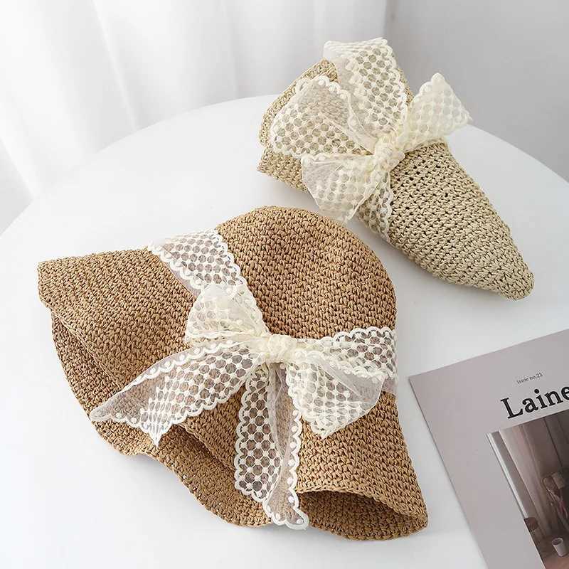 Sun Hat Summer Hats For Women With Big Lace Bow Korean style Wide Brim Foldable Sunshade Lady Bucket Hat Beach Accessories New W250602