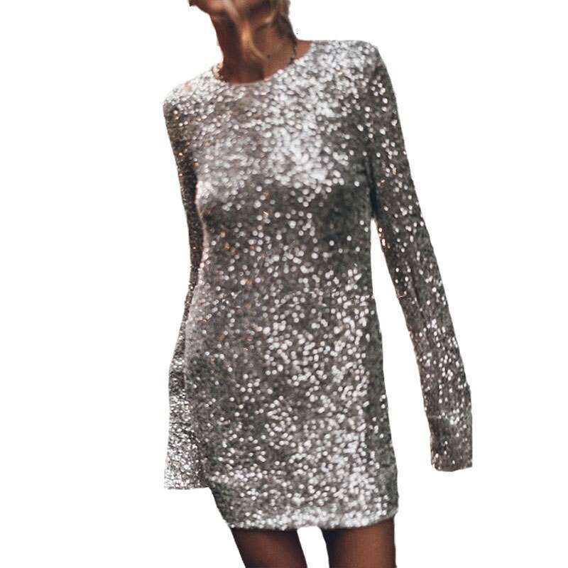 New Women's Fashion Autumn Street Style Casual Color Sequin Long Sleeve Bodycon Dress B5