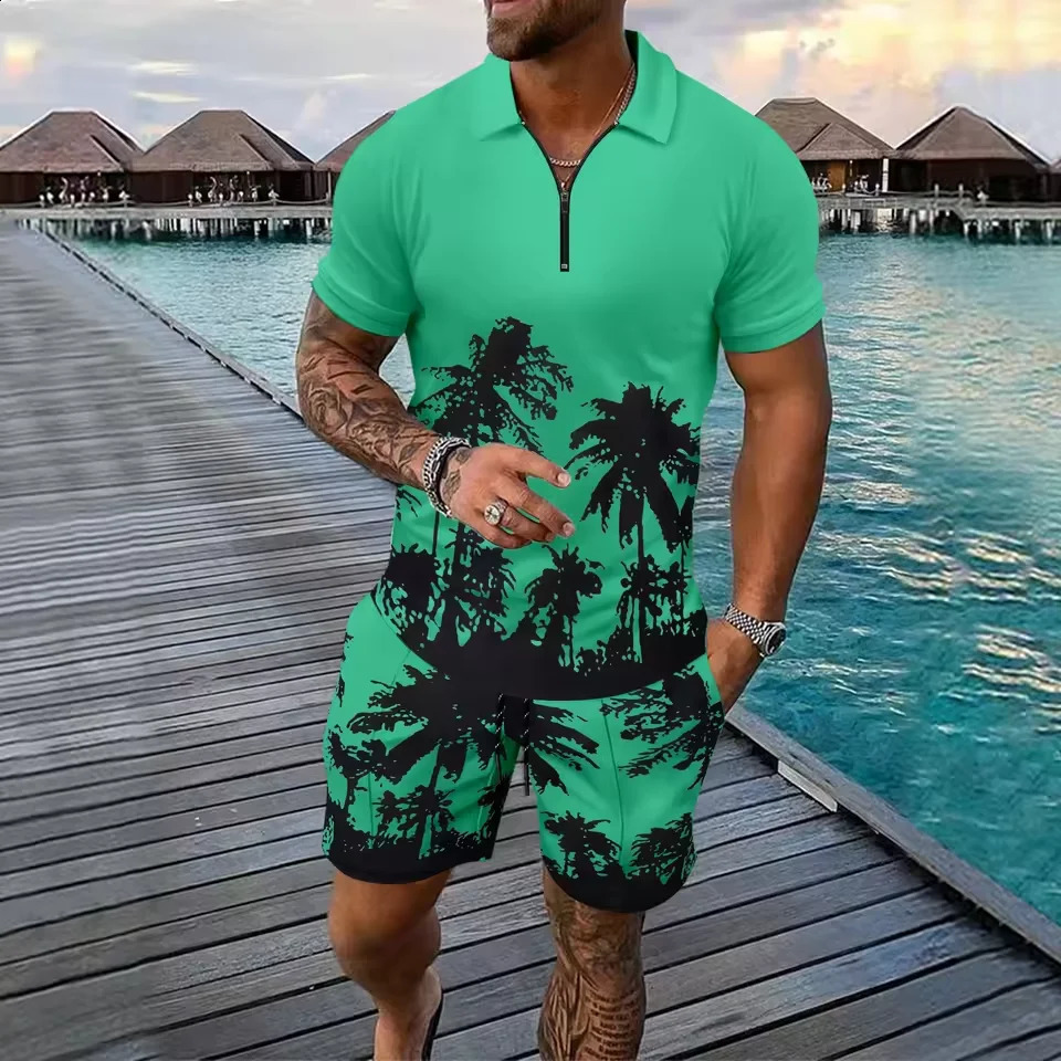 3D Coconut Tree Print Mens Short Sleeve Set Fashion Zipper Polo Shirt Hawaiian Shorts 2 Piece Outfit Summer Casual Loose Suit 250530