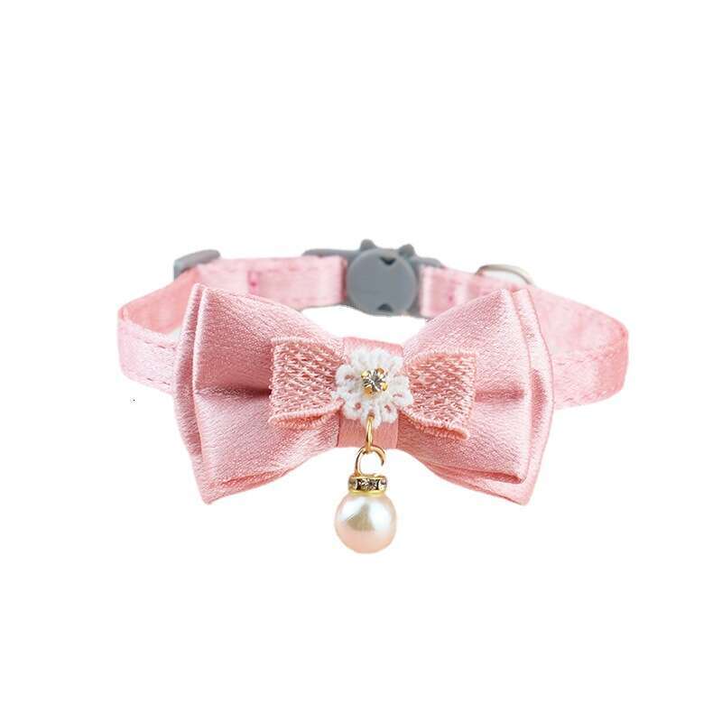 Fairy Pink Lace Bowknot Beaded Cat Collar Bell Pet Supplies