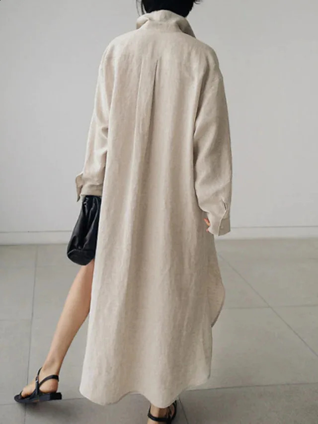 Spring Cotton Linen Oversize Women Dress Black Turn-Down Collar Loose Dresses Female Elegant Casual Trendy Ladies Clothes 250529