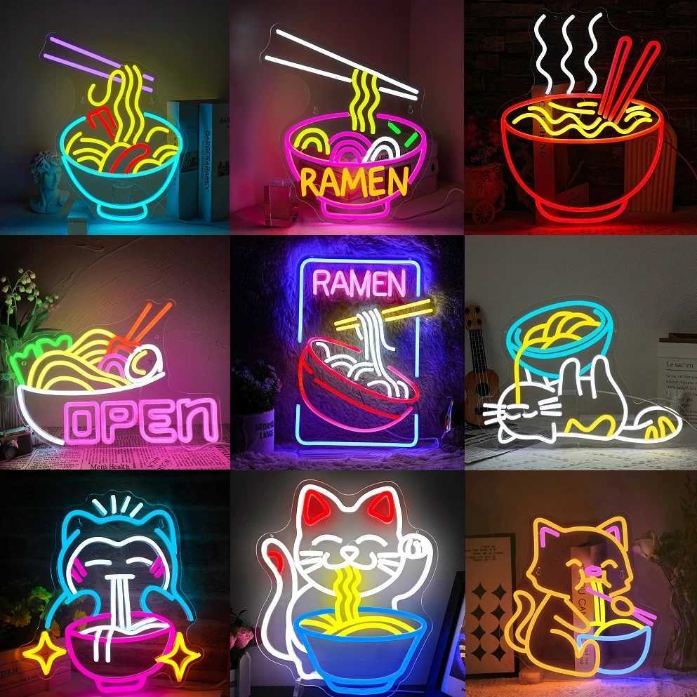 Ramen Neon Sign for Wall Decor Lucky Cat Noodles LED Lights Home Party Noodles Food Store Room Decoration Item Art LampXJ250602