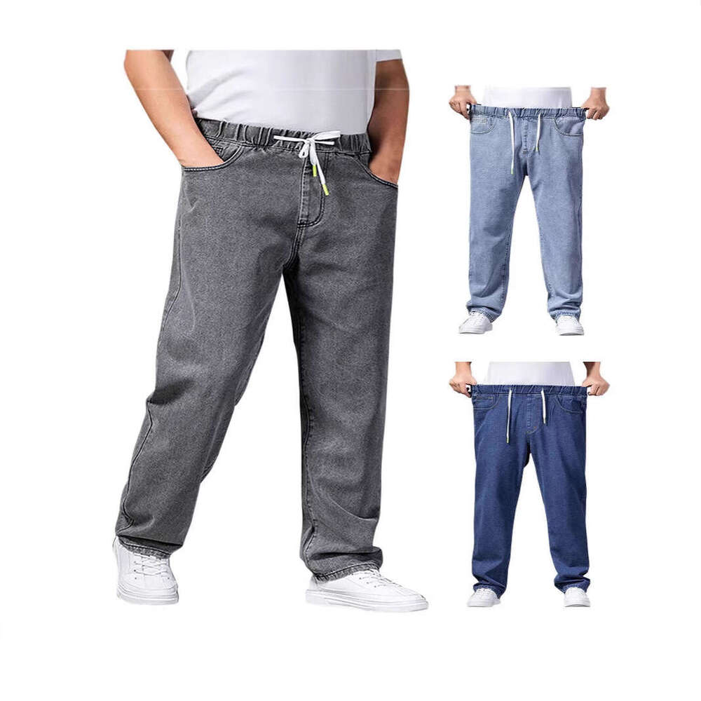 Autumn Thick Jeans For Men, Straight Loose Fit, Wide Leg Elastic Waist B5