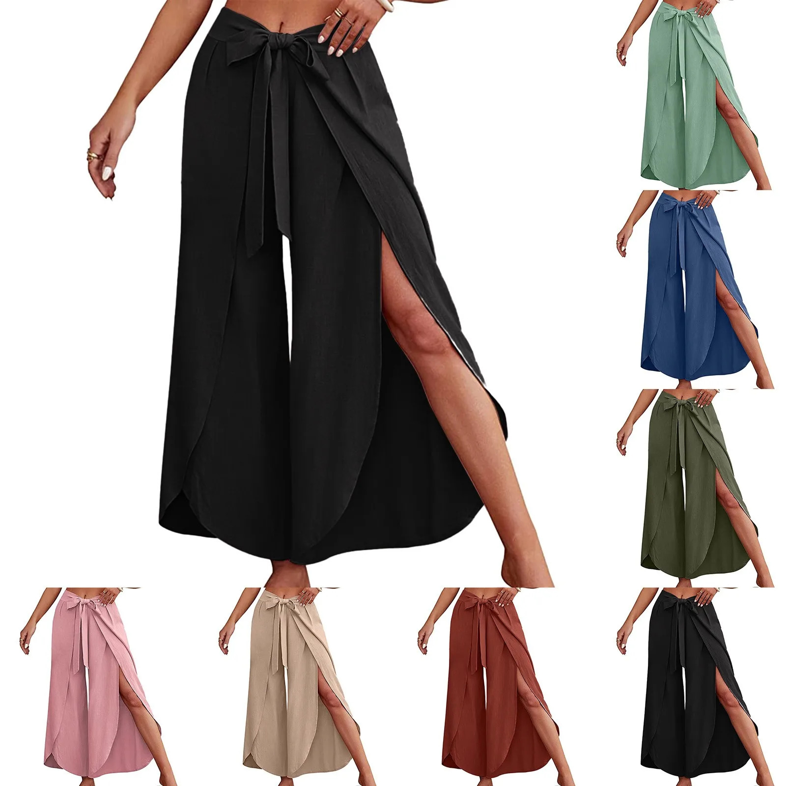 Bohemian Women Flowy Wide Leg Pants Casual Summer Beach Pants Lace-Up Fashion Solid Color Baggy Trousers Pantalones De Mujer 250603