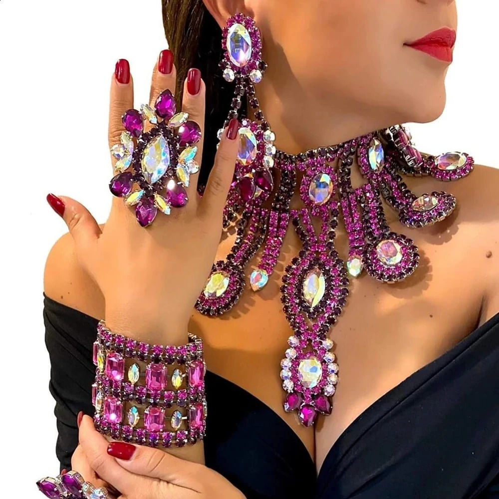 Stonefans Purple Crystal Necklace Earrings Bracelet Rings Set Wedding Women Exaggerate Decoration Bridal Jewelry Sets Party Gift 250530