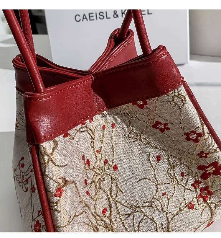Large Capacity High Quality Fashion Bucket Purse Embroidery Floral Women Handbag Textured Leather Composite Shoulder Bag