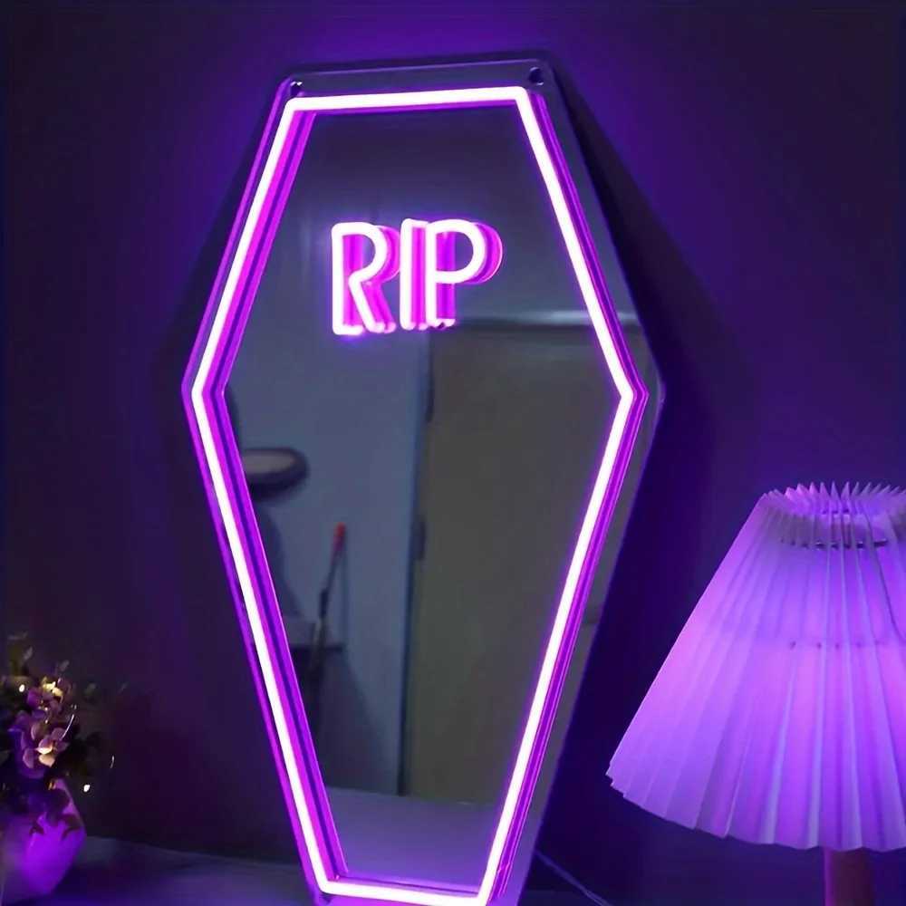 RIP Coffin Shaped Neon Sign Mirror - Gothic Home Decor USB Powered Wall Hanging with Switch Control Plastic Material Multipurpose XJ250602