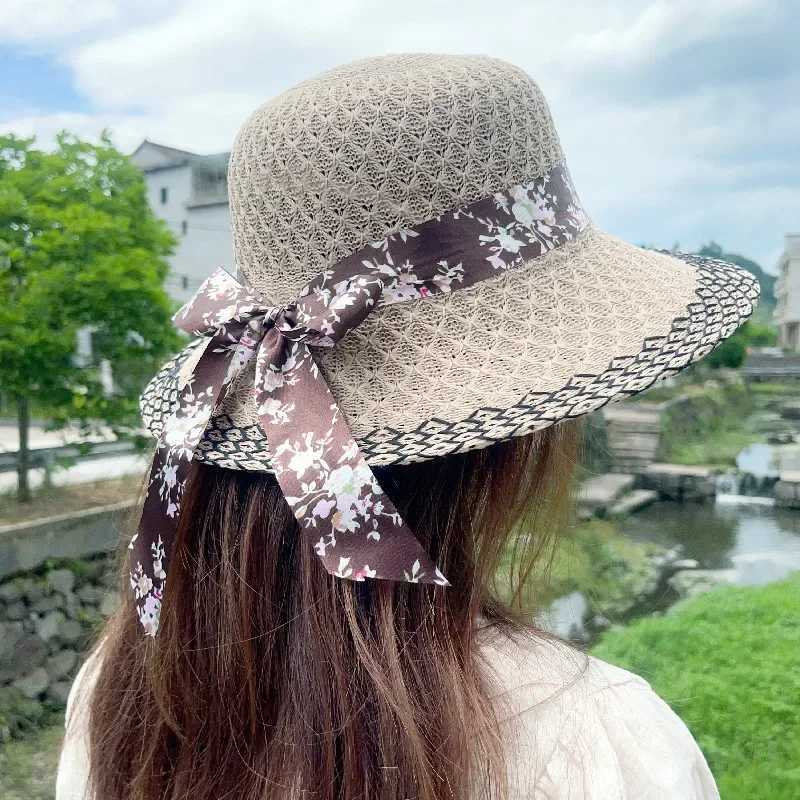 Woman Elegant Floral Bowknot Ribbon Sun Hats Vintage Straw Hats Summer Travel Sun Protection Wide Brims Hats Apparel Accessories W250602