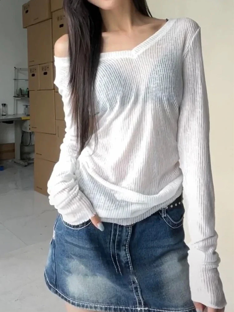 Women Long Sleeve T Shirt Thin Perspective Summer Solid Slim Casual Shirts Female Pullovers Basic Tee Y2k Clothes Streetwear Top 250529