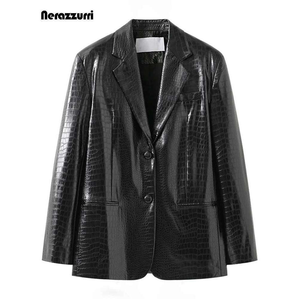 Nerazzurri Spring Black Reflective Crocodile Print Leather Blazer Jacket for Women Long Sleeve Soft Loose Casual Korean Fashion