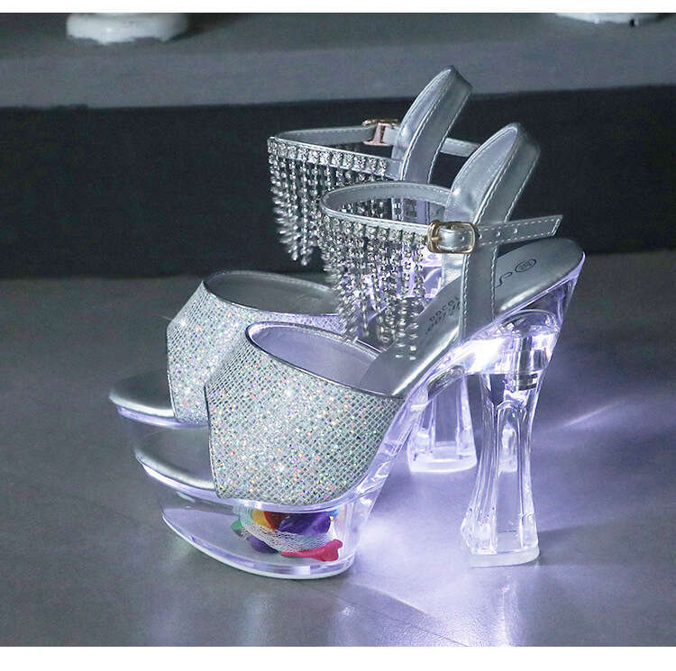 Super High Heels Sequin 15Cm Extra Heels Chunky Waterproof Platform Extreme Tassel Super High Heel Sandals Glowing Platform High Heels