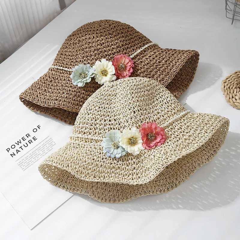 Summer Hats For Women Handmade Beads Chain Flower Straw Sun Hat Lady Big Brim Sunscreen Holiday Beach Accessories Foldable New W250602