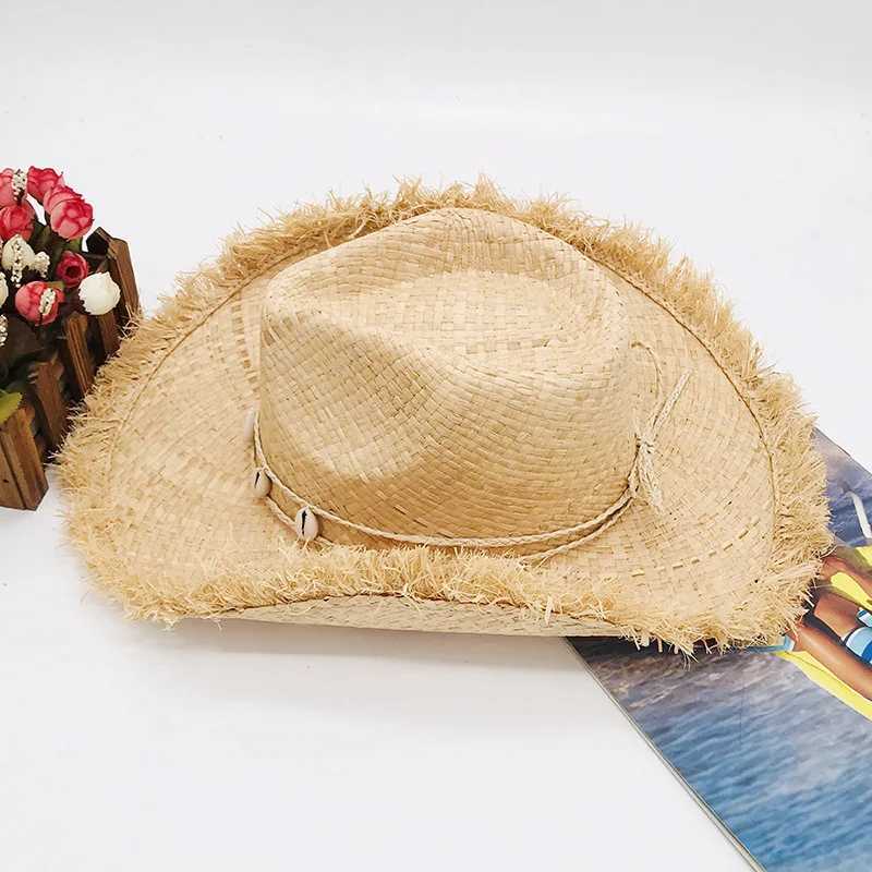 Fringed Wide Brim Straw Hat with Shell Band Panama Hat Cowboy Cowgirl Hat for Men Women Sun Hat Western Style Outdoor Beach Hat W250602