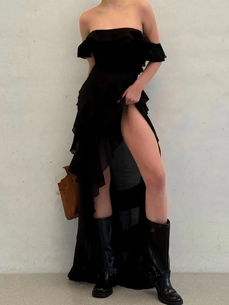 Off Shoulder Ruffles Irregular Dress Women Elegant Slim Solid Backless Lace Up Dresses Lady Summer Fashion Chic Beach Robes 250603