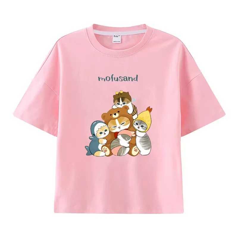 Mofusand Shark Cat T-shirts for Boys and Girls Are Versatile and Stylish Summer Short-sleeved Tops for Middle and Older Children T250603