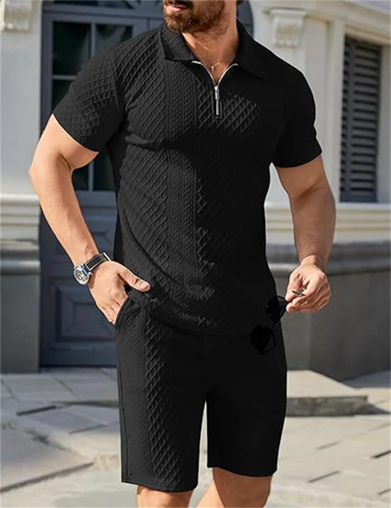 2025 Men Suit Fashion Mens Summer Jacquard Half Zip Short Sleeve Polo ShirtShorts 2 PCS Sets Casual Sports 250530