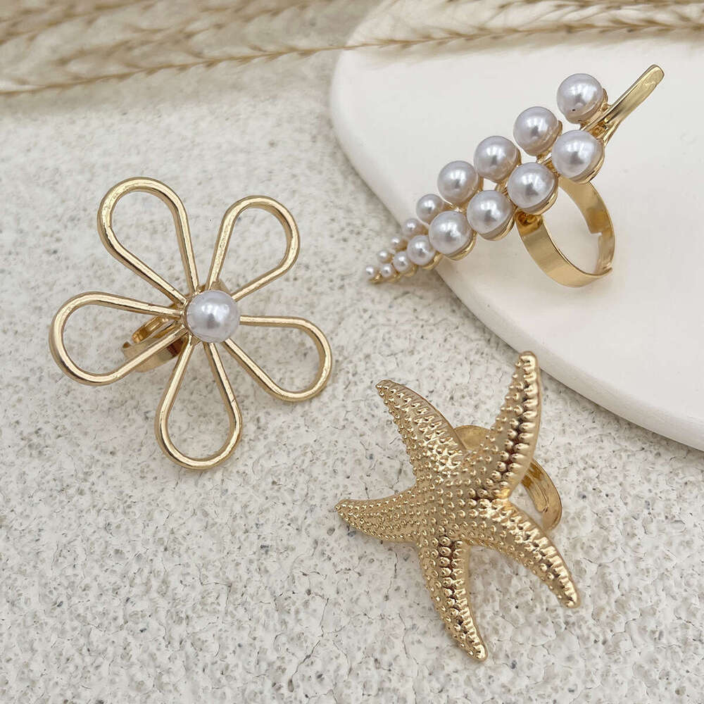 Jewelry Layered Irregular Alloy Rings INS Style Inlaid Pearl Branch Shape Ring Set