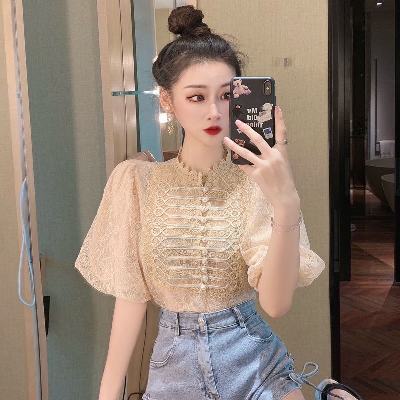 2025 Women's New Spring and Summer T-shirt New French Elegant Fluffy Sleeves Lace Women's Designer Shirt Summer New Design Feel Bead Decorat