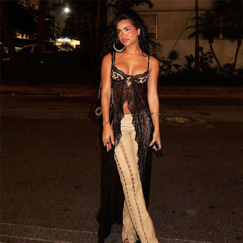 Winter New Women's Fashion Trend Sexy Leopard Print Lace Slim Hollow Out Strap Vest B5