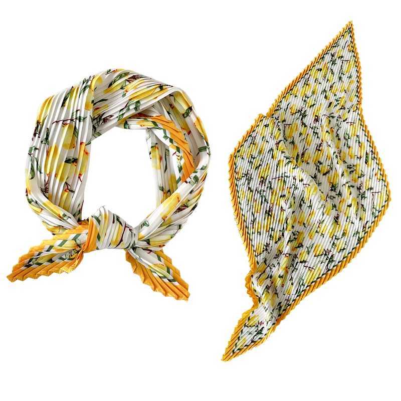 2025 TOP 70CM Pleated Small Square Scarf Yellow Lemon Printed Ladies Shawl Handmade Scarf Floral Print Silk Neckerchief Bandana W250602
