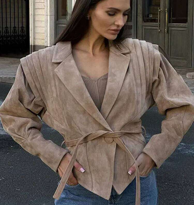 Fashion Retro Women Woolen Jacket Turn-down Collar Slim Fit Long Sleeve High Waist With Belt 2024 Autumn Lady Coat