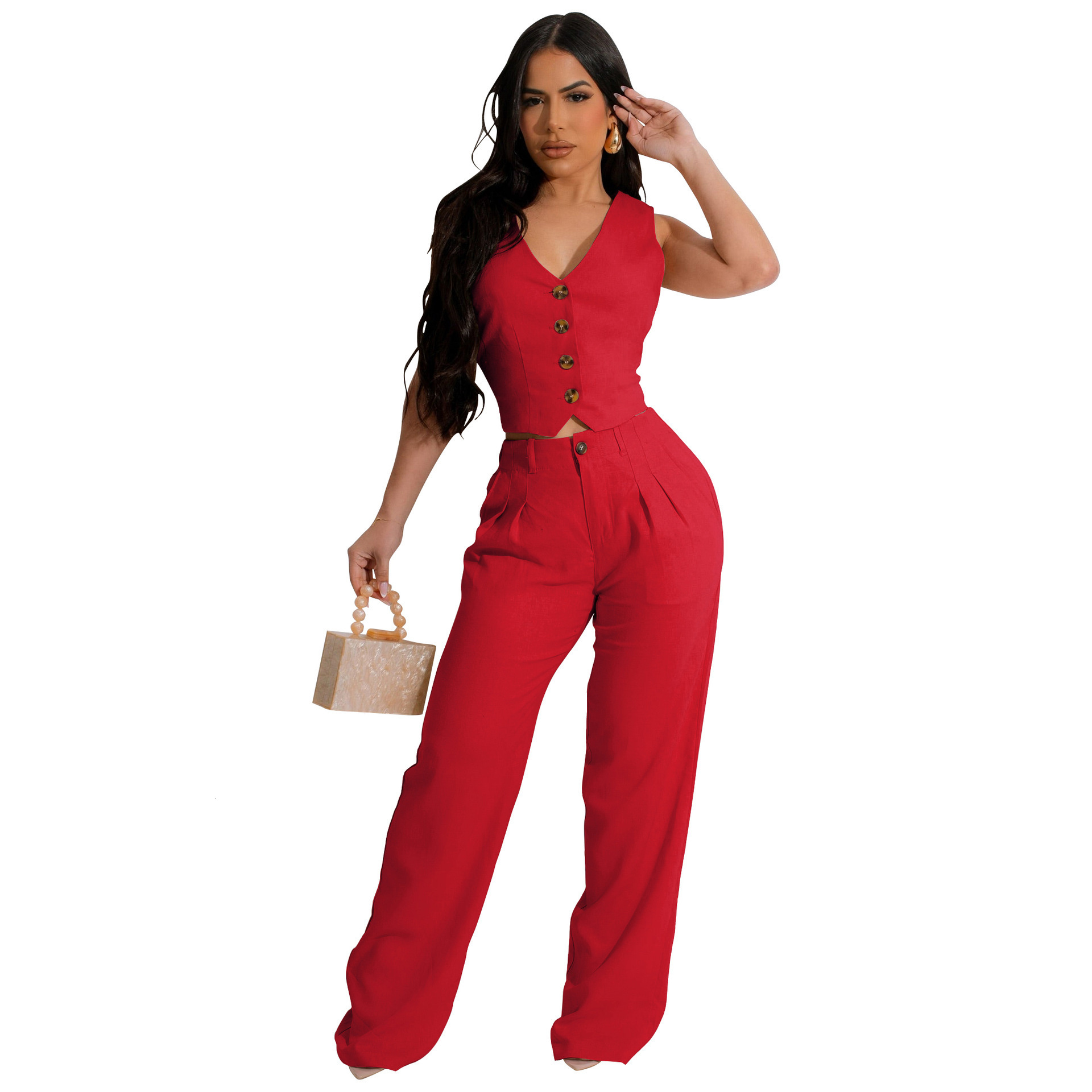 women's wear Women's Fashionable Solid Color Vest and Wide-Leg Pants Two-Piece Set