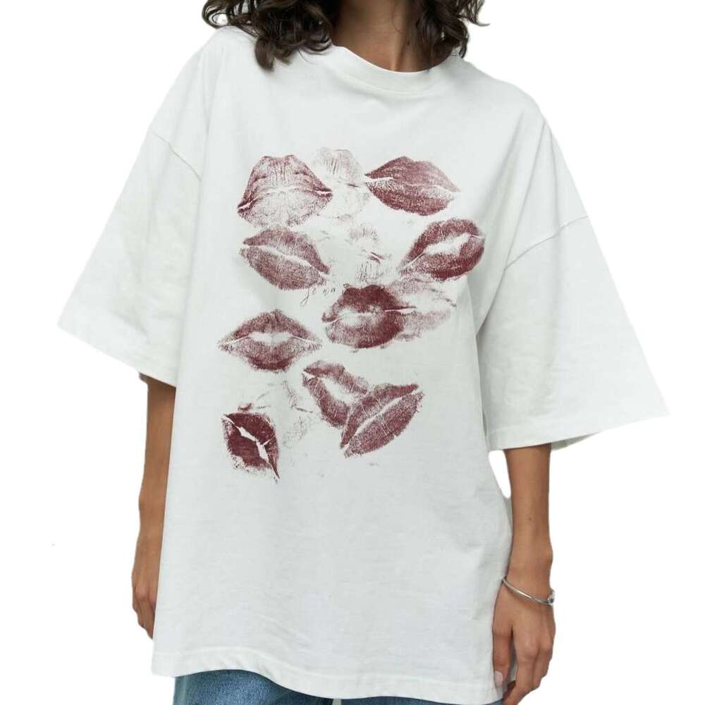 Spring Summer New Lip Print Short T-Shirt Women Pure Cotton Round Neck Pullover Top Drop Shoulder Sleeve Women's Fashion B5