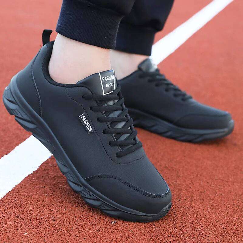 Men Sneakers Black Lace Up Athletic Male Leather Casual Sport Flat Trendy Lightweight Walking Running Fiess Shoes