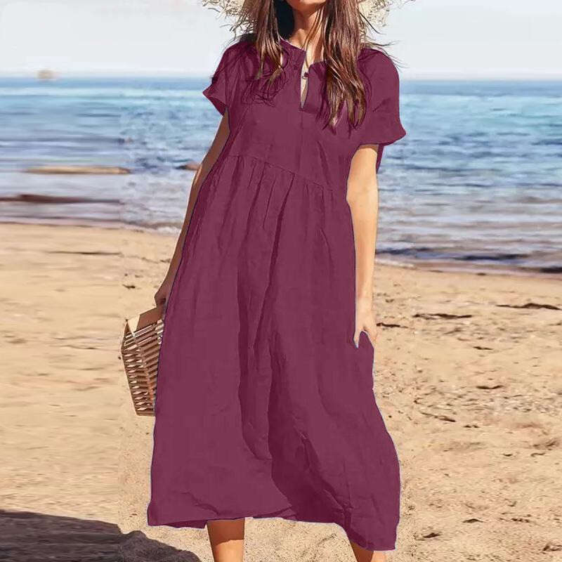 Summer Temu New Solid Color V-Neck Short Sleeve Loose Casual Long Cotton Linen Dress For Women B5