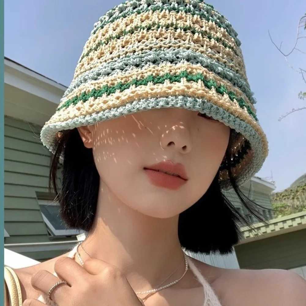 Fashion Rainbow Striped Fisherman Hat Big Brim UV Protection Crochet Bucket Hat Breathable Multicolor Straw Bucket Cap Travel W250602