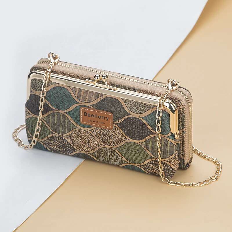 2025 new fashion new designer women's wallet wood grain chain long high-quality phone holder classic women's wallet zipper wallet mini shoul