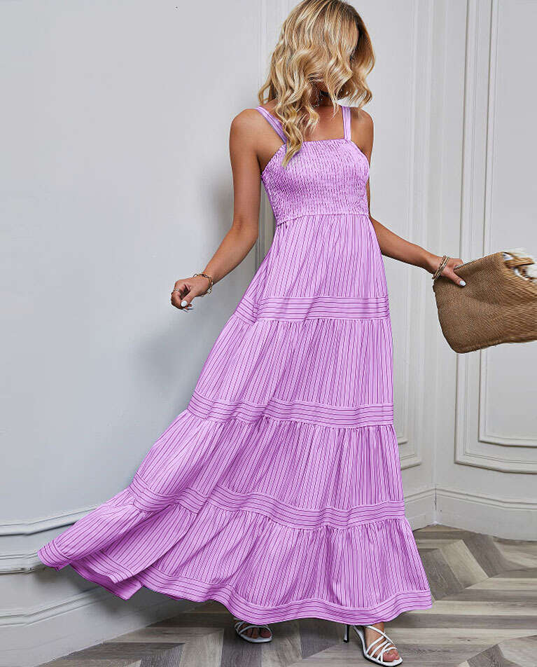 Self-Shot Spring/Summer New Women's Fashion Striped Waist-Cinching Vacation Dress B5