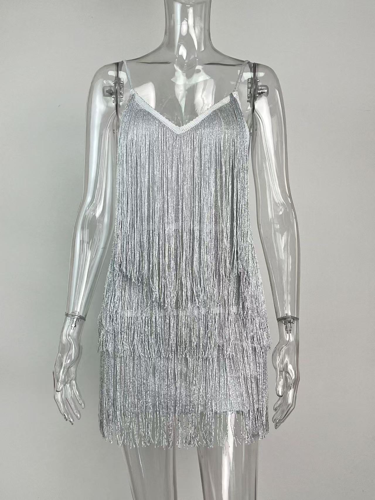 New Dress Sequin Sparkling Tassel Dresses Princess Dress Sprinkled Gold Mesh Evening Dress