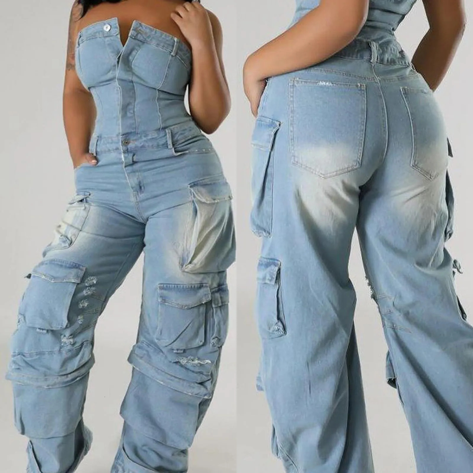 Womens Sexy Off Shoulder Tube Denim Cargo Jumpsuits Wide Leg Baggy Loose Jean Pants Rompers Overalls Control Too Pants 250603