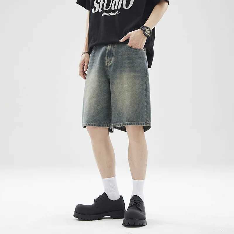 Men Denim Shorts Knee Length Shorts Zipper Fly Solid Mid Waist Pockets Loose Fit Casual Distressed Washed Summer Spliced T250603