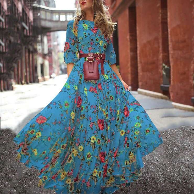 Spring New Women's Printed Flared Slim Fit Fashion Long Dress B5