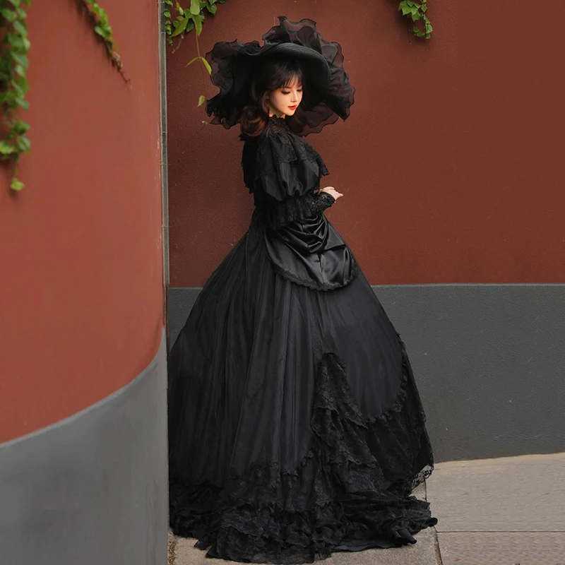 Vintage Princess Black Flower Lace Long Puff Sleeve Ruffles Ball Gown Lace Up Gothic Style Customized Wedding Dress
