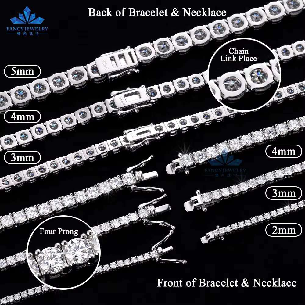 GRA Certification 925 Silver Plated Yellow Rose Gold 3mm 4mm 5mm 6mm D VVS Moissanite Tennis Chain Necklace for Hip Hop Rapper