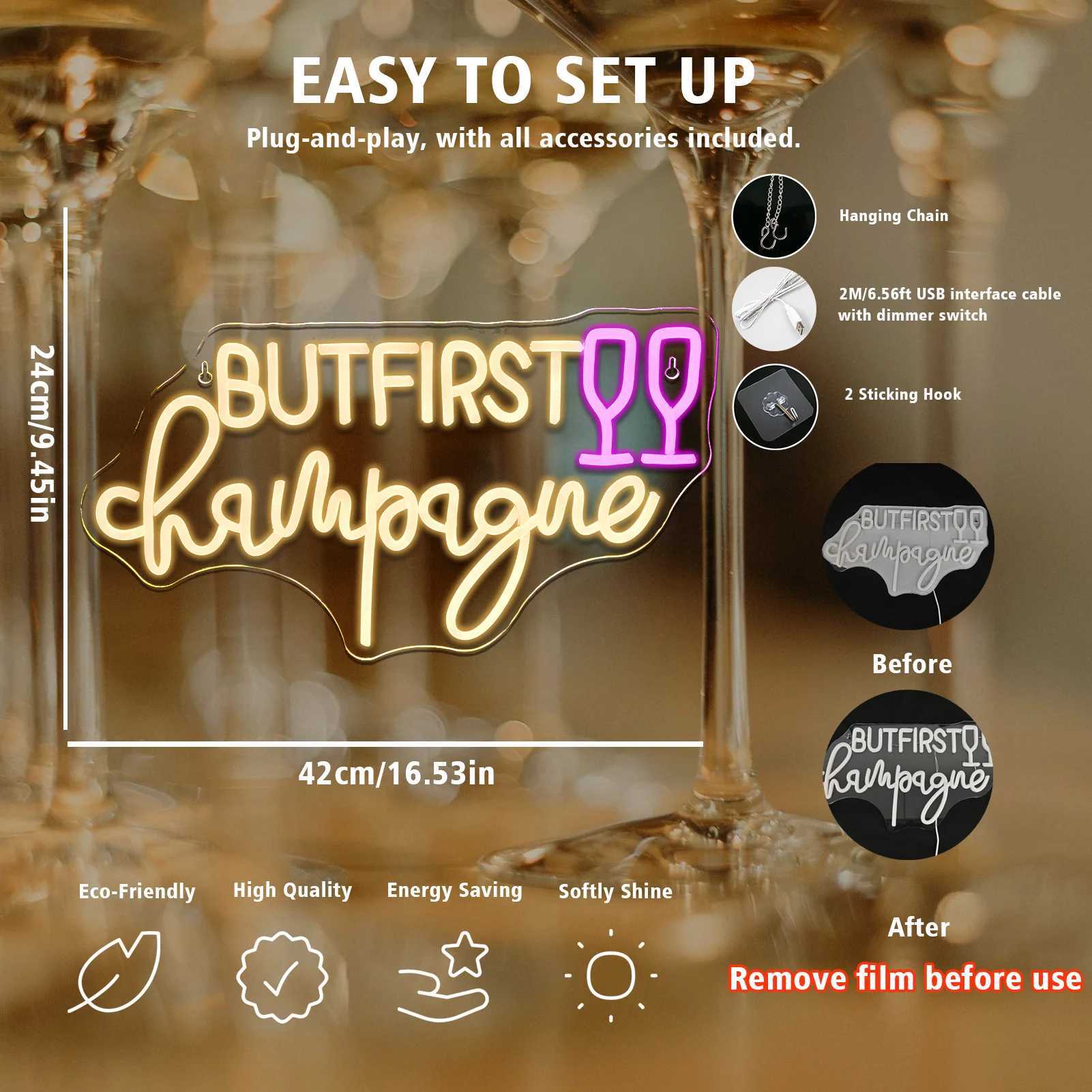 But First Champagne Neon Sign LED Light Up Sign Wall Decor for Home Bar Man Cave Birthdays Graduations Decor Light Dimmable USB XJ250602