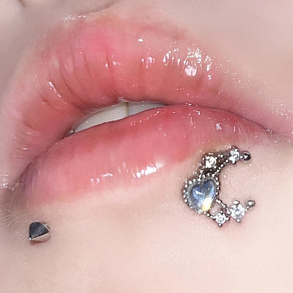 1pc Zircon Heart Moon Shape Labret Piercing Stainless Steel Lip Stud For Girls Silver Color Y2K Accessory Cartilage Jewelry Gift 250530