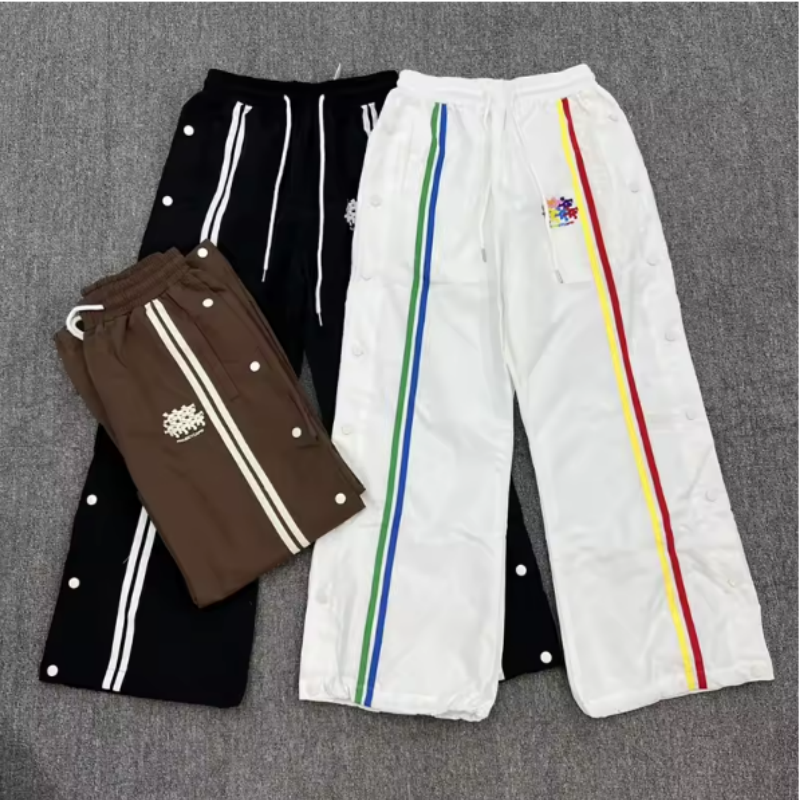 Men's Pants High Street Double-breasted Striped Casual Drawstring Cargo For Men Embroidery Straight Loose Baggy Trousers