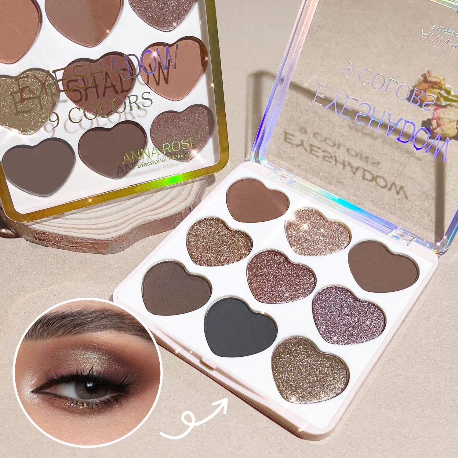 9 Colors Palette, Lovely Heart Shape, High Pigmented, Waterproof Eyeshadow Matte Glitter Pearly Finish Brown Grey Mult