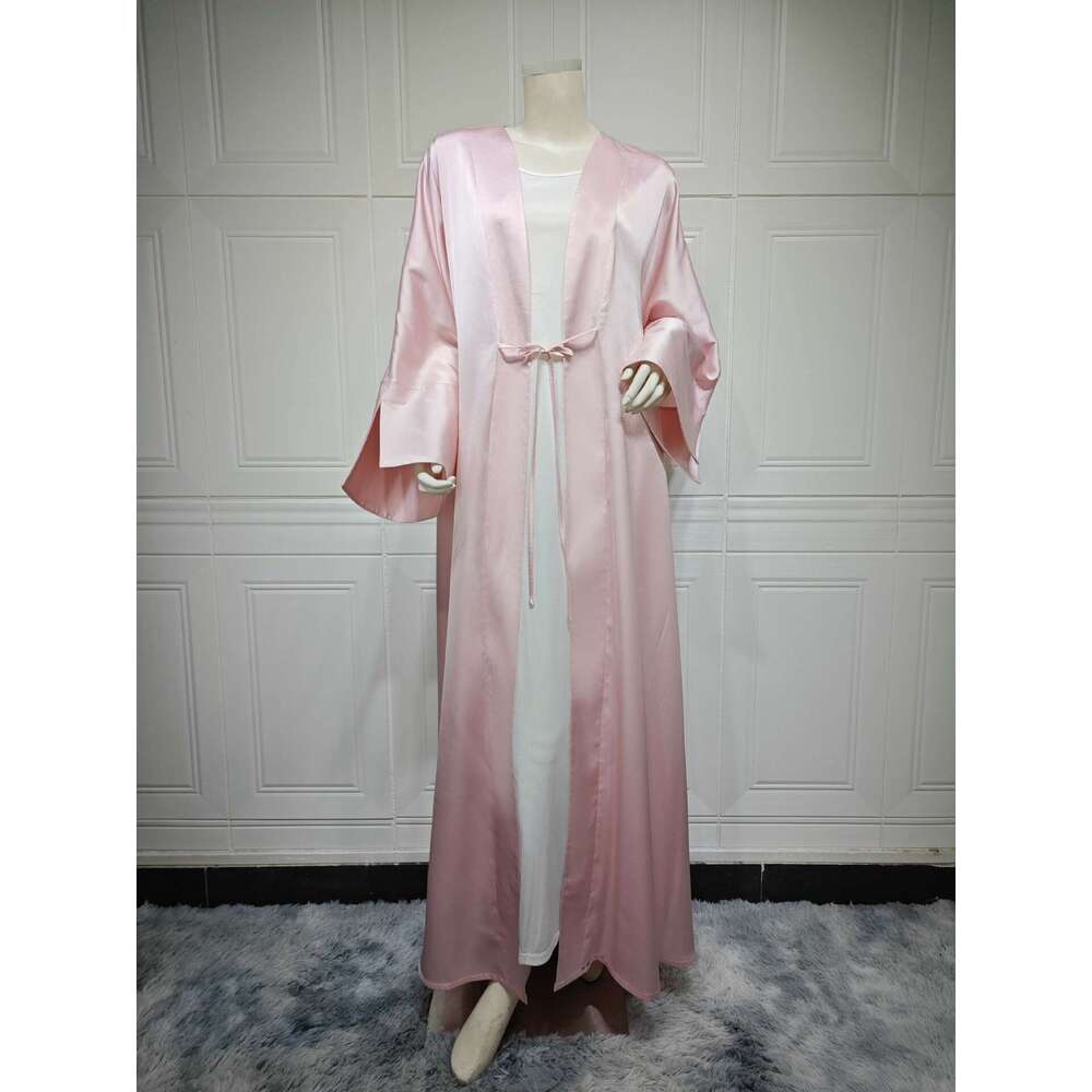 Mq122 Muslim Fashion Satin Soft Dress Open Front Outerwear Abaya Solid Color B5
