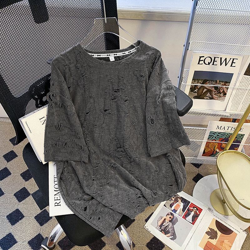 2025 Spring/Summer Women's New T-shirt New Women's Off Shoulder Hollow Design Short Sleeve T-shirt Summer New Versatile Solid Color Designer