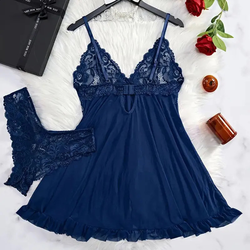 Halter Summer Dress V-neck Lace Tulle Nightgown Sexy Panties Womens Pajamas Plus Size Lingerie Delicate Set Ultra-thin Homewear 250530