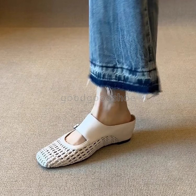 designer sandals retro heels half slippers women square head woven breathable hollowing sandal black white sandale elegant daily walk med heel women s