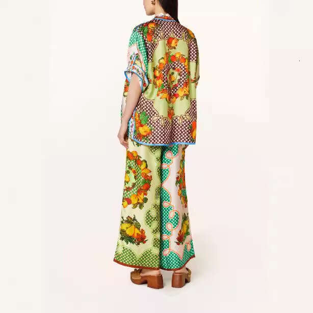 Women's Fashion New Printed Elastic Waist Pocket Wide Leg Pants Casual Set For Summer B5