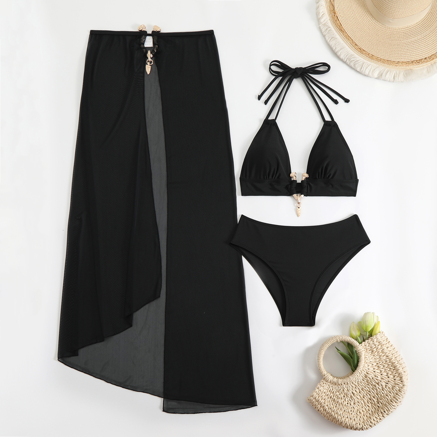 Outdoor Summer Beach Sexy Womenfree Shipping 2025 New Designer Shoes 2025 New Three Piece Solid Color Metal Buckle Long Yarn Women's Split Bikini
